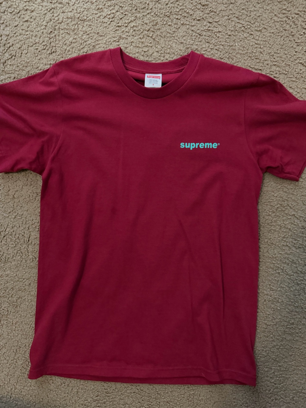 Supreme Maroon Tee with Teal Script Logo